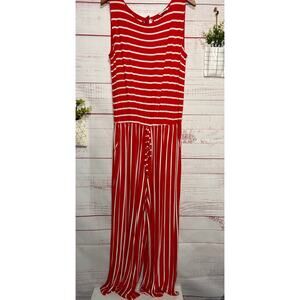 Zenana Red & White Striped Wide Leg Cropped Jumpsuit | Women's XL